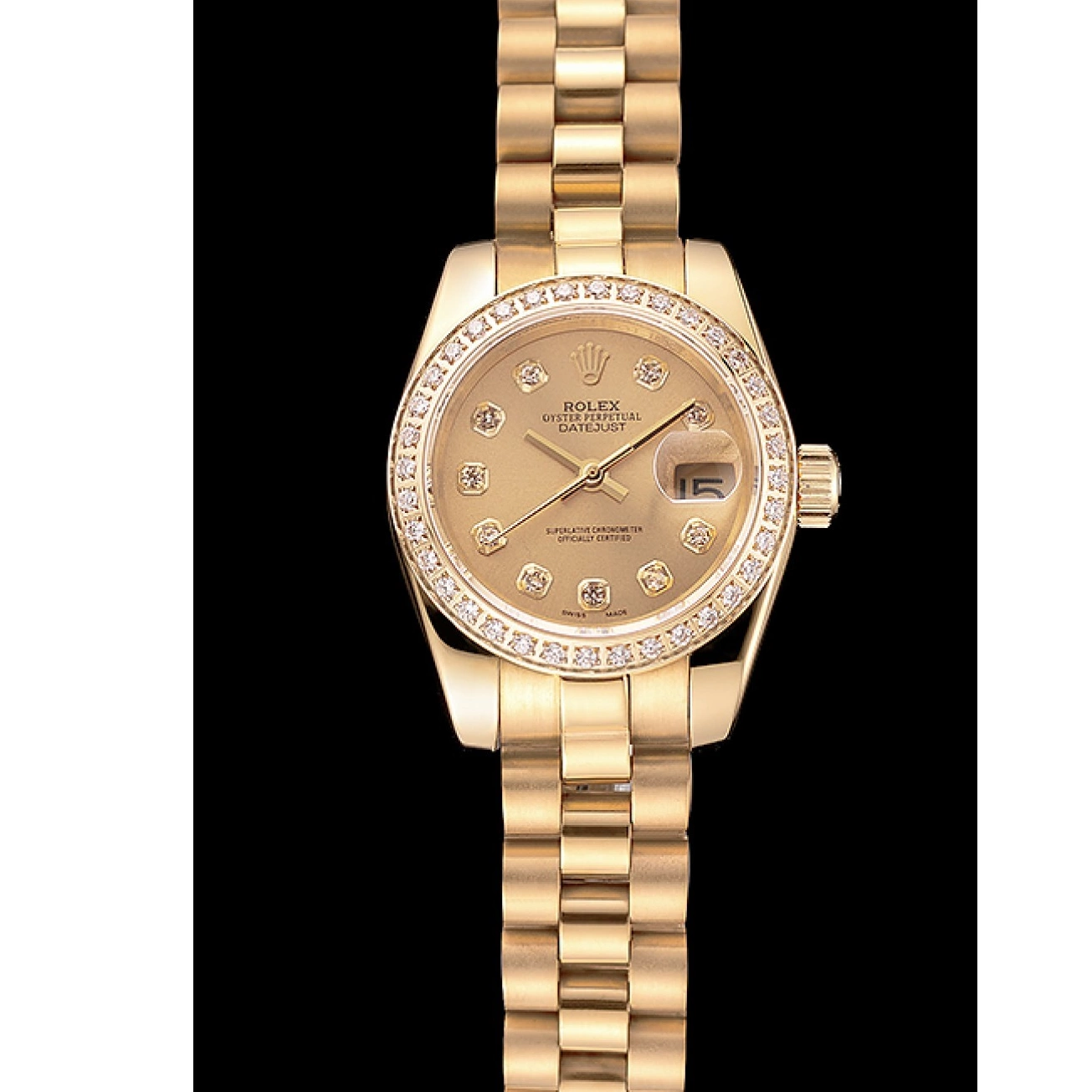 Aaa replica watch Champagne Bracelet Gold Swiss Dial Bezel Rolex Lady-Datejust 1454095 Diamond 0820